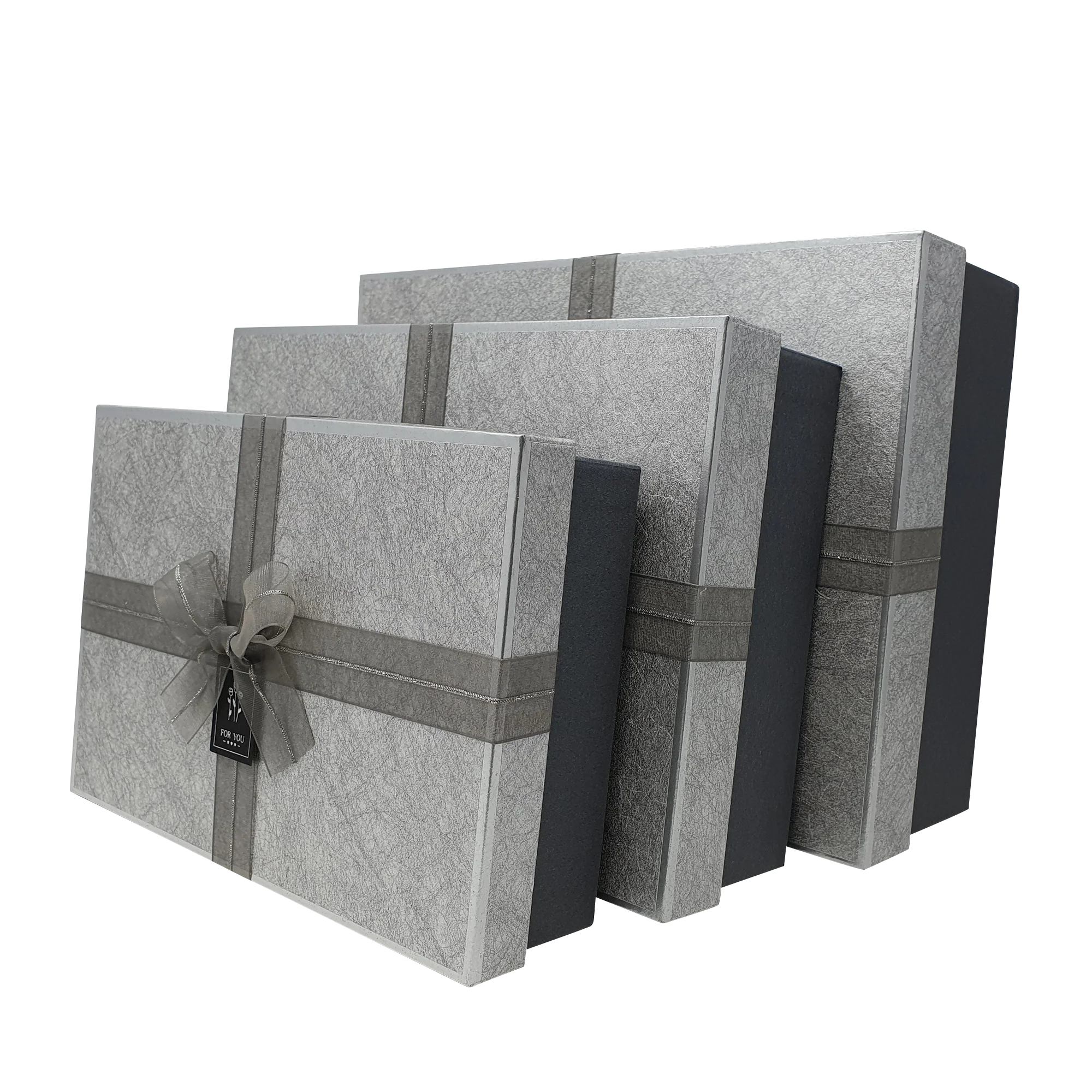 Silver Patterned Gift Box Set with Metallic Ribbon and Bow - Image 3