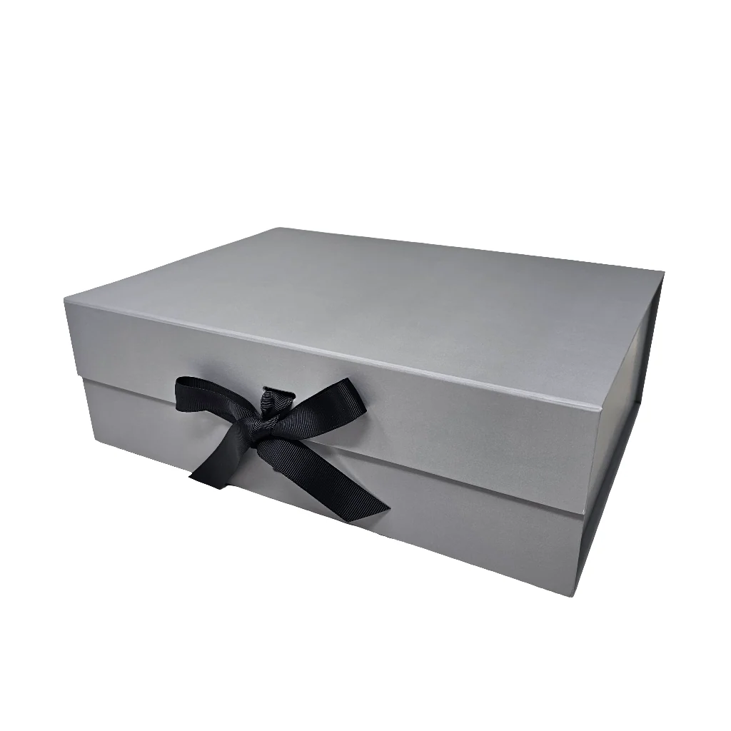 A4 Silver Grey Magnetic Gift Box with Ribbon – Luxury Folding Hamper Box (Single or Bulk Packs) - Image 3